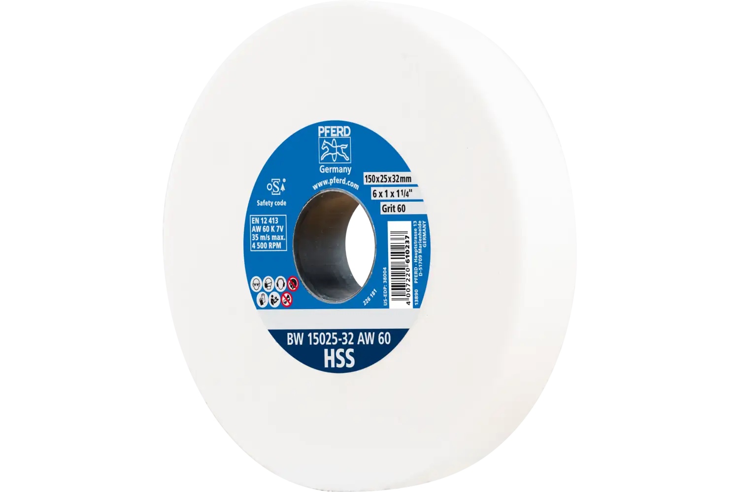 Picture of Pferd Vitrified Bench Wheel, HSS, 6" X 1 X 1-1/4, 60 Grit, Aluminum Oxide